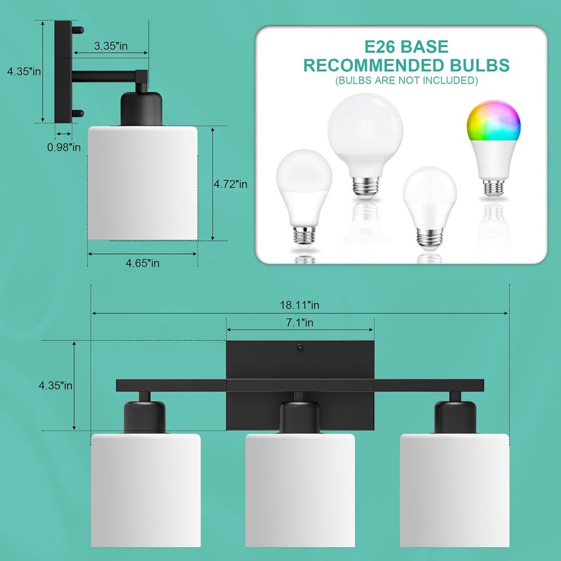 Dekang Black Bathroom Light Fixtures Over Mirror, Rustproof Vanity Lights for Bathroom, Modern 3-Light Wall Sconces for Living Room, Milky White Glass Shades, Standard E26 Base, Bulbs Not Included - Image 3